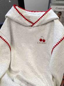 SHEIN 女士加大码卫衣/樱桃字母刺绣/休闲简约时尚卫衣/刺绣工艺/时尚上衣/卡通卫衣/复古冬季卫衣/秋冬超宽松加大码圆领长袖卫衣/女士春季套头衫，时尚卫衣，女士蕾丝撞色卫衣，长袖上衣，秋冬卫衣 - 灰色 - 查看 3