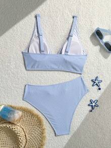 SHEIN Swim Vcay Bộ đồ bơi đặc biệt cho kỳ nghỉ, gồm áo bơi buộc cổ và quần bơi cạp lửng chéo phía trước, chất liệu vải kẻ sọc. - Nhiều màu - Xem 2