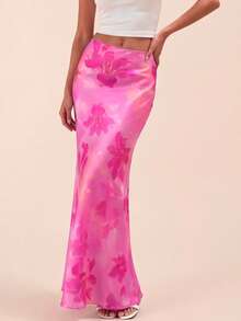 SHEIN Glamour Chân váy chữ A thanh lịch, đa năng, chất liệu satin in họa tiết, trang phục mùa hè, váy ôm sát thời trang. - Hồng - Xem 7
