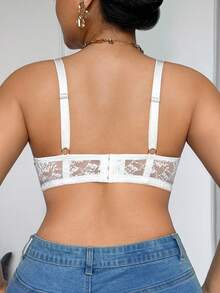 DesireSculpt Plus Size Black Lace Patchwork Cup Bra - White - View 2