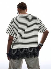 SHEIN EZwear 大码女式圆领条纹休闲百搭日常短袖T恤 - 黑與白 - 查看 3