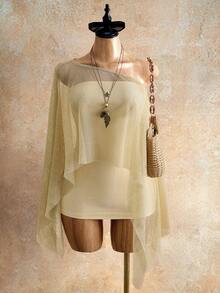 Mistrie Elegant Beige Summer Party Two Pieces Set For Ladies,Golden Mesh Wrap Top And Fitted Halter Dress For Music Festivals,Graduation And Beach Vacations - Khaki - View 7