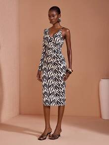 JIAN LASALA Vestido midi de mujer de manga larga con estampado en blanco y negro, ajustable con tirantes - Blanco y Negro - Ver 3