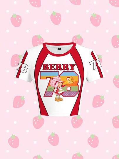 Strawberry Shortcake X SHEIN Camiseta corta de manga corta con estampado de números y letras de contraste en estilo casual y de moda para mujer, para el verano