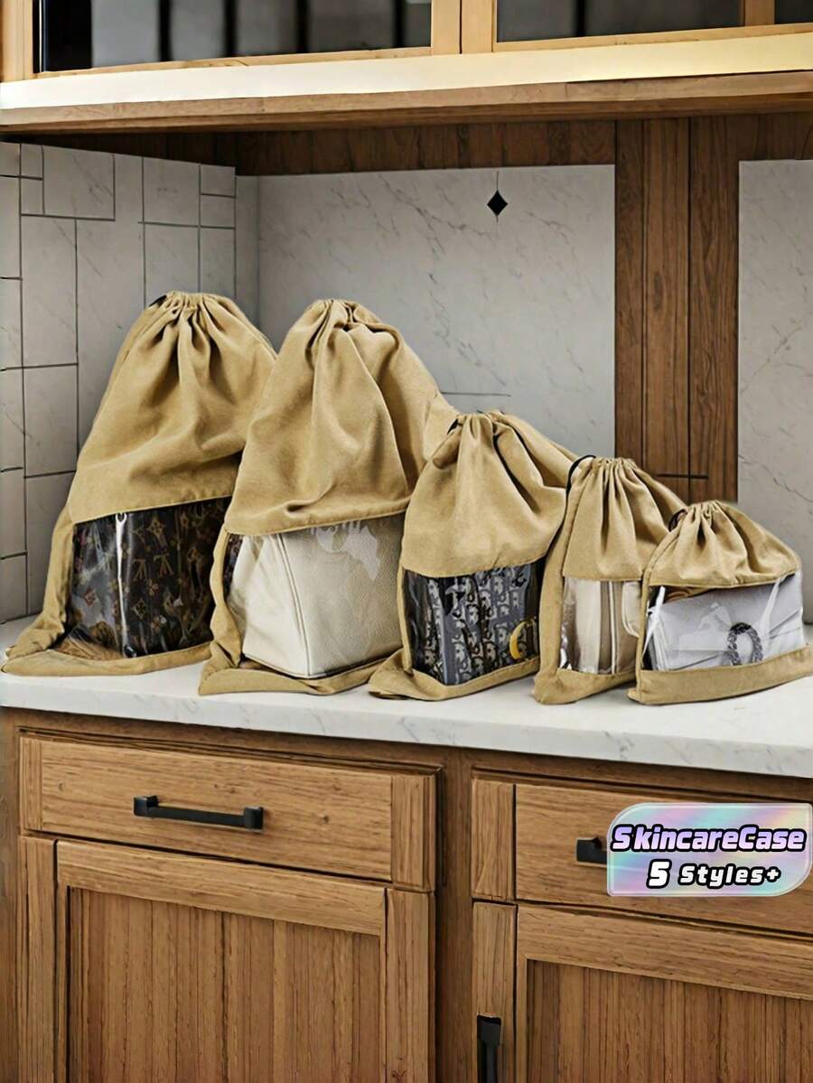1 件柔软天鹅绒可见防尘袋，透明透气防潮袋，带抽绳封口，适用于名牌包、皮包、防尘、衣物收纳、杂物分类收纳、化妆包、大容量化妆品收纳盒化妆盒，适用于口红、刷子、护肤品、波西米亚风 - 卡其色 - 查看 1