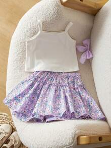 SHEIN Genkimix Kids Toddler Girls' Cute Purple Floral & Heart Print Crop Top Paired With Purple Shorts Skirt Set, Casual Summer Outfit - Multicolor - View 4