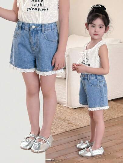 SHEIN Young Girl White Pearl Decor Ribbon Bowknot Blue Denim Ripped Shorts,Kid Girls Spring And Summer Casual Vacation Country Boho Wear, Beach Outfits For Kid Girls,Western Street Wear For Girl,Spring Break Outfits,Rave Outfits Festival Denim Shorts