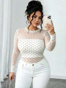 Elenzga Plus Size Sheer White T-Shirt + Camisole Underlay Date Night Autumn Sexy - Black and White - View 4