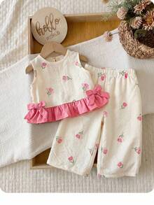 Multicolor Polyester Ruffle Flounce Sleeve Tank Top Co-Ord With Plants Pattern For Baby Girls Vacation Styl - Pink - View 1