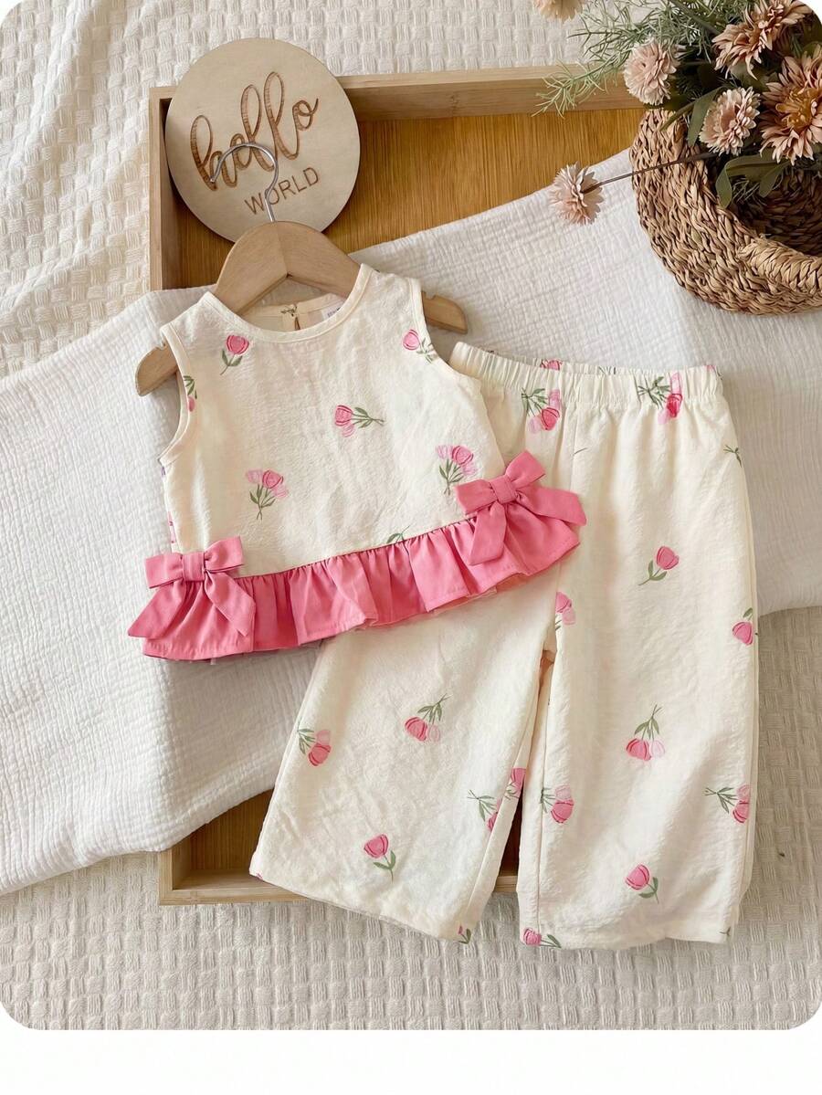 Multicolor Polyester Ruffle Flounce Sleeve Tank Top Co-Ord With Plants Pattern For Baby Girls Vacation Styl - Pink - View 1