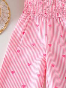 SHEIN Genkimix Kids 女童复古波西米亚风吊带连体裤，舒适面料，宽松阔腿设计，粉色条纹爱心印花，简约优雅飘逸，适合春季、夏季、派对、外出、度假穿着。 - 粉色 - 查看 4