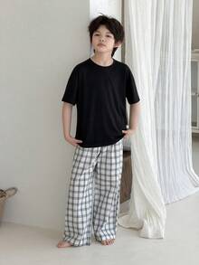 Dazy Kids Crew Neck Basic T-Shirt + Plaid Pants Tween Boys Pajamas Summer - Black - View 5