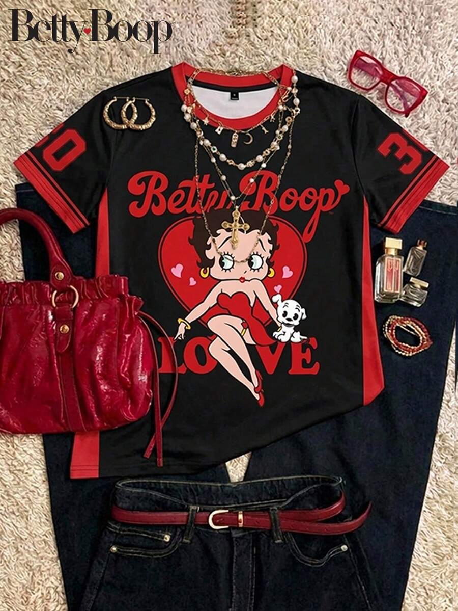 Attitoon Betty Boop x SHEIN Kaos Wanita Kasual Minimalis Leher Bulat Lengan Pendek Longgar - MultiWarna - View 1
