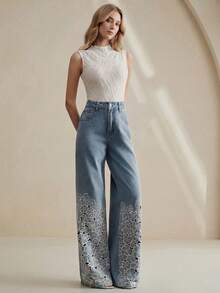 Anewsta Women's Fashionable Luxurious Sexy Hollow Embroidered Romantic Valentine's Day Party Vacation Blue Straight Leg Jeans, Spring/Summer - Blue - View 5