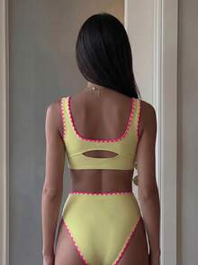 Swim Vcay Women's Summer Beach Solid Color Shell Trim Thick Strap Front Ruched Hollow Back Bikini Top And Shorts Casual Vacation Swimwear Set - Multicolor - View 2
