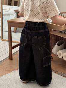Dazy Kids Quần jean ống rộng kiểu Hàn Quốc, thắt eo, họa tiết trái tim, dành cho bé gái. - Màu xanh lam - Xem 1