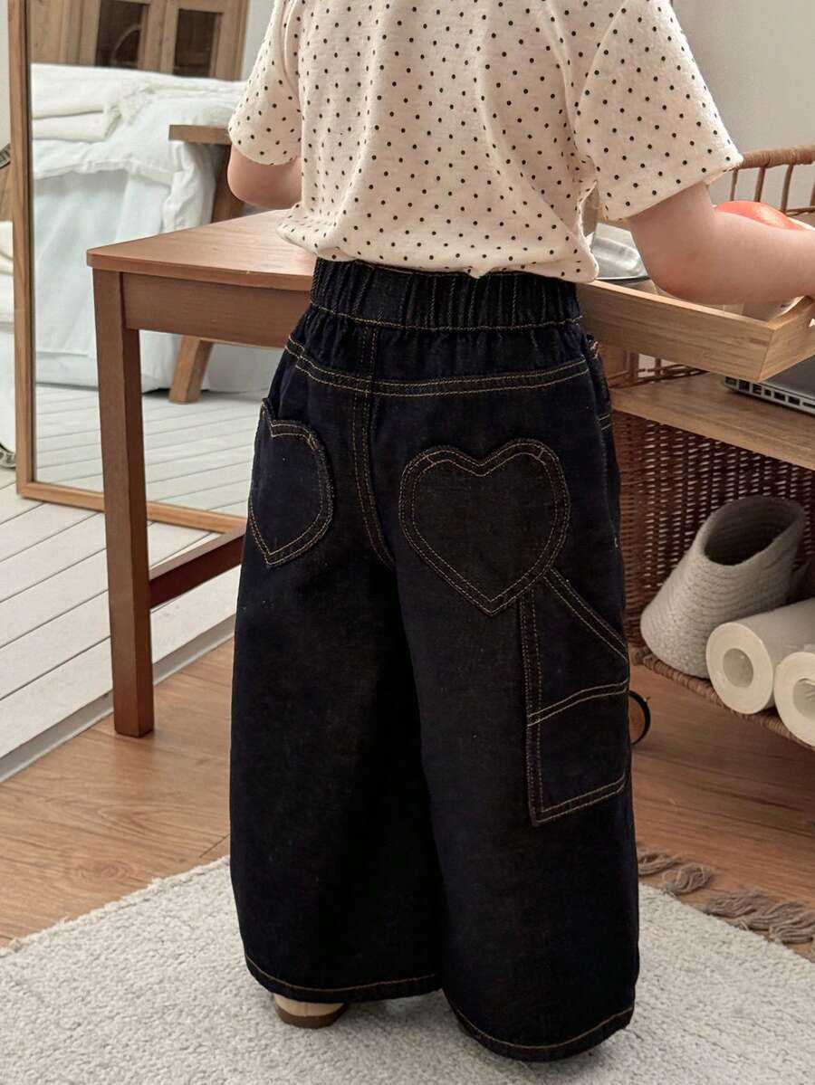 Dazy Kids Quần jean ống rộng kiểu Hàn Quốc, thắt eo, họa tiết trái tim, dành cho bé gái. - Màu xanh lam - Xem 1