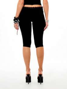 SUMWON WOMEN Black Lace Up Front Detail Capri Leggings Contrast Red Lace High Rise Stretch Fitted Mid Calf Length - Black - View 2