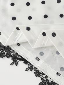 Franclia Satin Polka Dot Print Waist Ruched Lace Trim Patchwork Blouse For Women - White - View 7