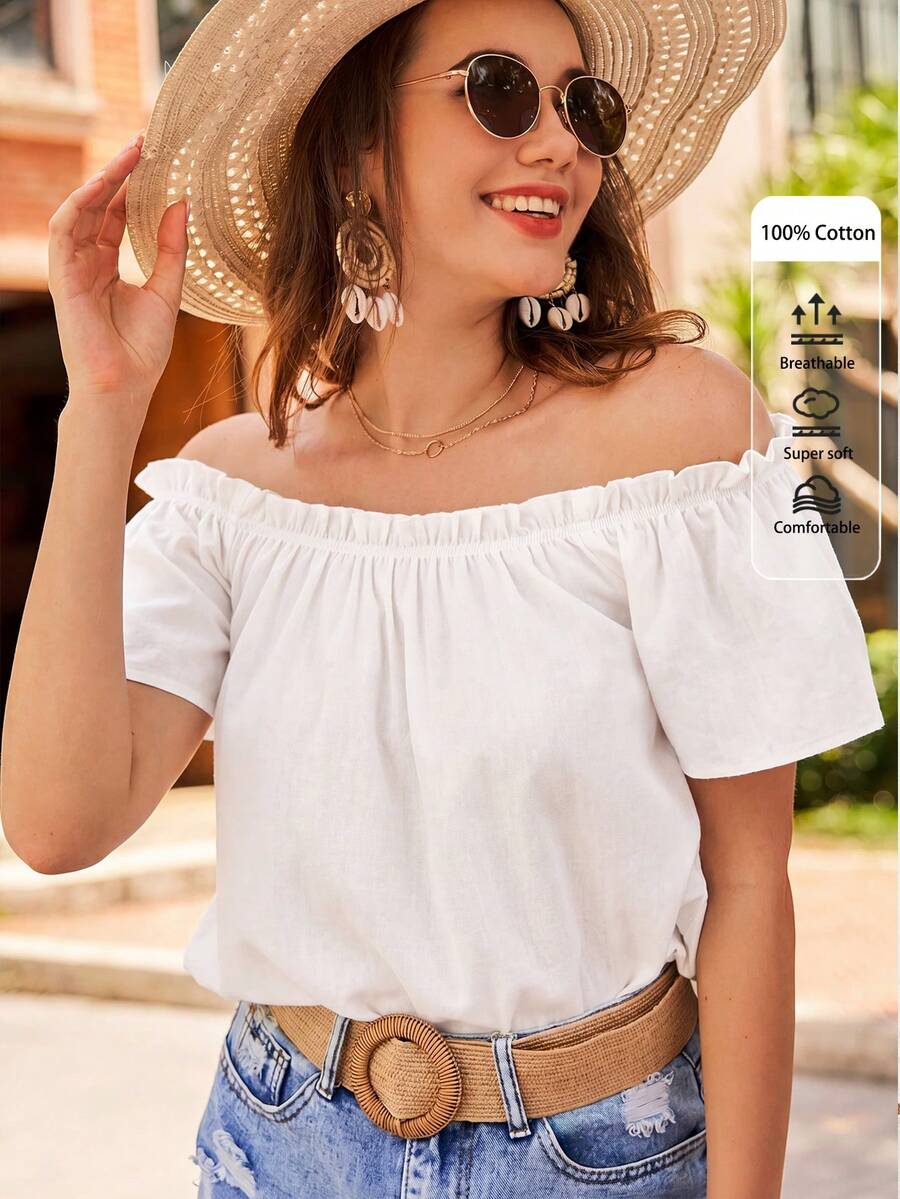 SHEIN VCAY Blus Wanita Warna Polos dengan Ruffle, Lengan Pendek, Model Off Shoulder, Modis, Warna Putih, untuk Liburan Musim Panas dan Kasual - Putih - View 1