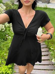SHEIN EZwear 大码纯色V领褶皱休闲短袖连衣裙，夏季 - 黑色 - 查看 5