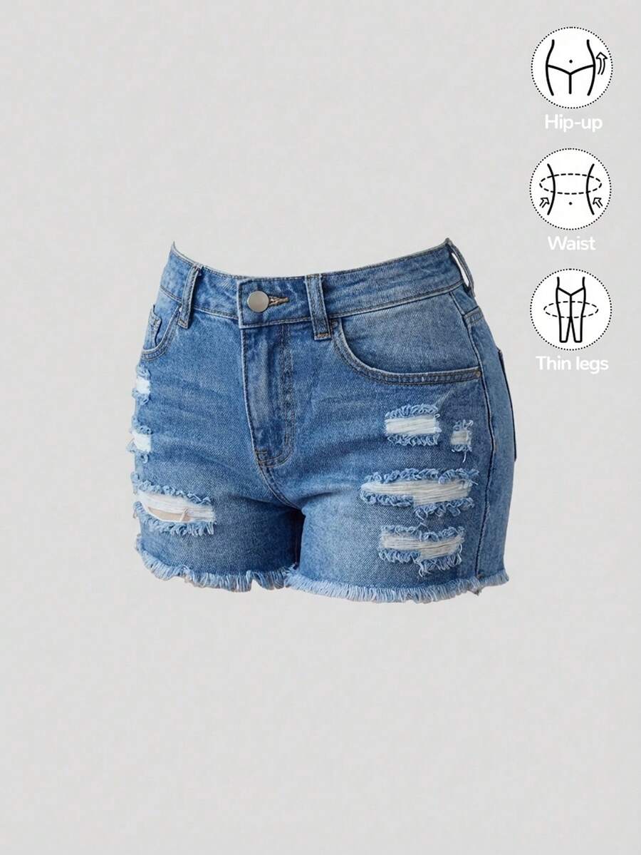 SHEIN Girlism شورتات جينز كاجوال للفتيات المراهقات مع جيوب وحواف مبهتة ومشذبة - أزرق متوسط - مشاهدة 1