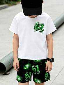 1套青少年男孩夏季足球黑綠配色#67號碼印花短袖T恤與短褲套裝，必備夏季休閒運動裝！#67號碼T恤 + 全身印花足球短褲2件套，舒適運動2件套，號碼足球塗鴉套裝 - 彩色 - 查看 3