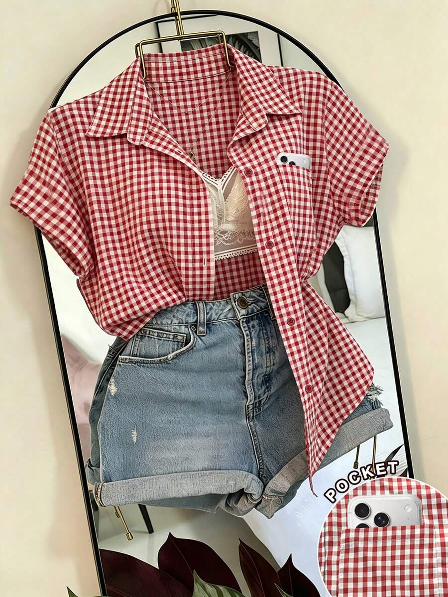 Women's Short Sleeve Single-Breasted Casual Plaid Pocket Shirt - Red - View 1