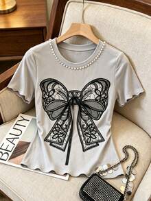 Everyssa Women's Bow Print Beaded Decorated T-Shirt - Grey - View 5