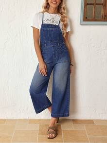 EMERY ROSE Quần yếm denim dáng rộng có túi và cúc cài, đa năng dành cho nữ. - Màu xanh lam - Xem 6
