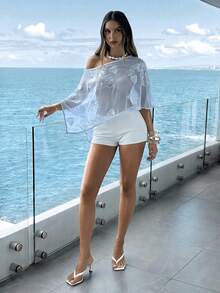 Aloruh Blue Sequin Embroidered Off-Shoulder Top, Y2K Sexy Sheer Crop Top - Blue - View 4