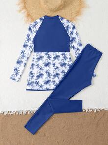SHEIN Bikini a canottiera per ragazze pre-adolescenti, Tankini da spiaggia e resort a maniche lunghe, Costumi da bagno stampati carini - Blu reale - Visualizzare 2