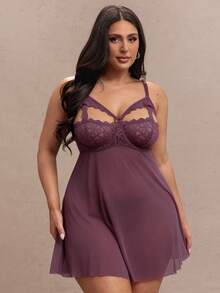 SHEIN BAE 2件套加大码网眼蕾丝加垫文胸和睡裙内衣套装 - 鏽棕色 - 查看 5