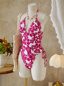Swim Vcay 女款花卉印花V領掛脖露背兩件式泳衣套裝，夏季度假海灘泳池派對白色波西米亞風 - 彩色 - 查看 4