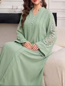 SHEIN Najma Đầm kiểu Ả Rập cổ đính hạt, viền hoa tương phản. - màu xanh lá - Xem 3