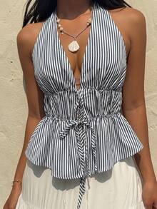 SHEIN Unity Áo tank top nữ gợi cảm, kẻ sọc, buộc dây. - màu đen - Xem 3