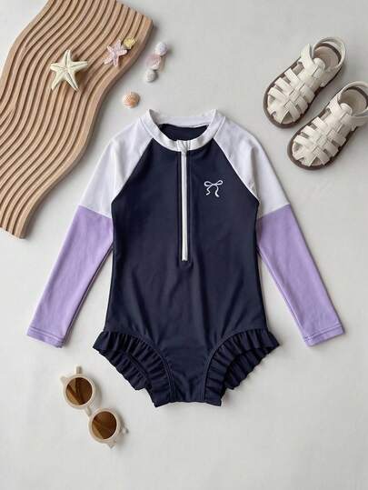 Dazy Kids 少女连体长袖撞色泳衣