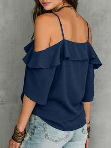 LUMIGAL Women's Summer Beach Vacation Style Solid Color Cold Shoulder Ruffle Trim Blouse - Navy Blue - View 2