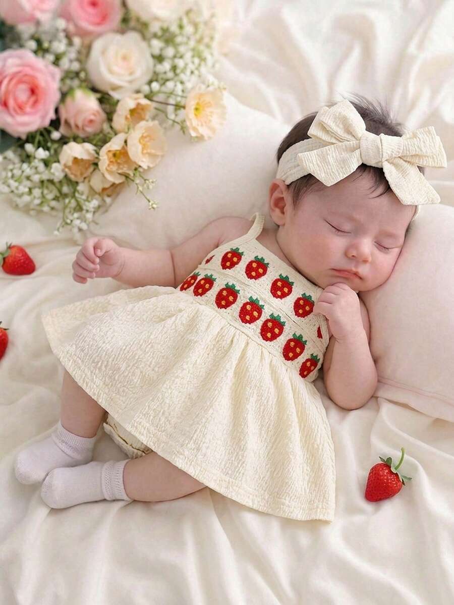 SHEIN 新生女宝宝可爱草莓钩编图案无袖A字连衣裙套装,含发带,宽松舒适,适合日常外出、家庭聚会、拍照、百日庆典、夏季等场合。 - 卡其色 - 查看 1
