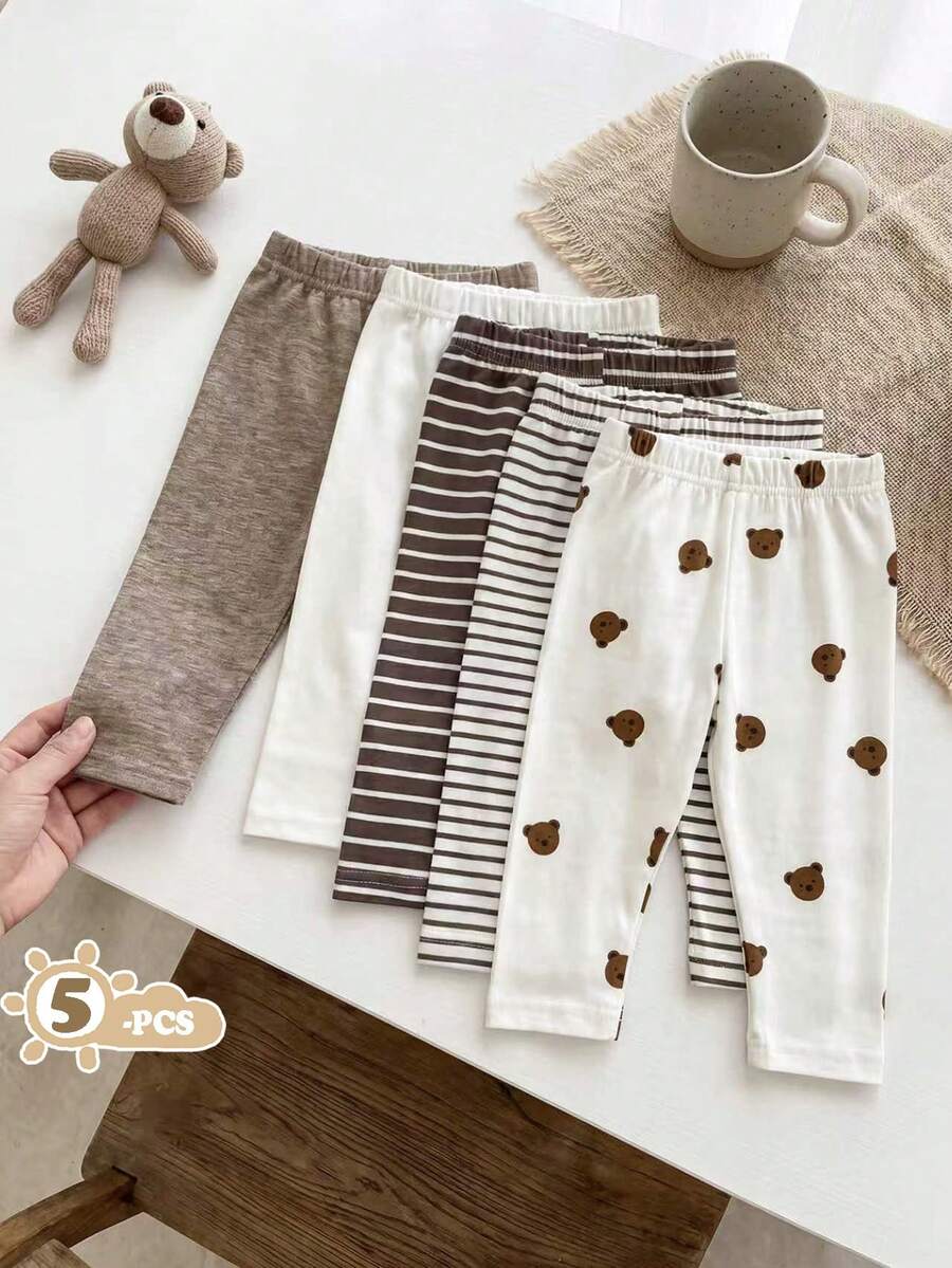 Vintaside Kids Bộ 5 món quần áo thường ngày cho bé trai, in hình gấu hoạt hình và vải kẻ sọc, thích hợp mặc hàng ngày, mùa xuân/hè. - Nhiều màu - Xem 1