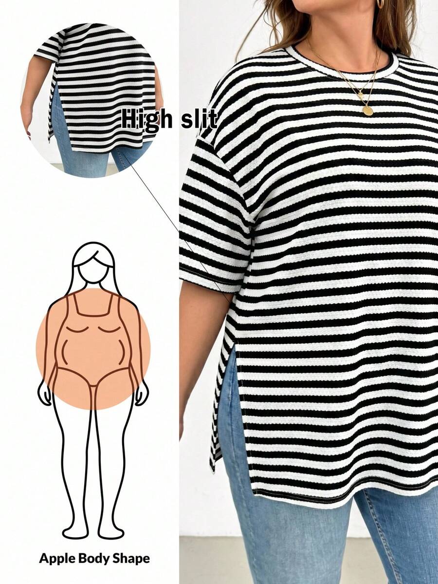 Shapeblank 休闲黑白条纹纹理面料大码女式圆领开衩下摆T恤，适合夏季、音乐节、派对、度假等场合。 - 黑與白 - 查看 1