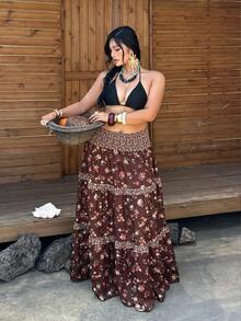 Flirla Plus Size Fashionable Versatile Ditsy Floral Lace Patchwork Long Skirt - Brown - View 5