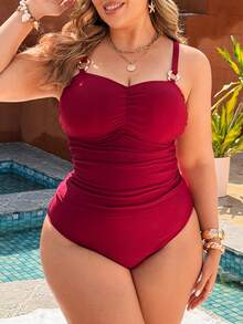 SHEIN Swim Lushore Plus Size Women Solid Color Ring Decor Camisole And Triangle Tankini Set - Red - View 1