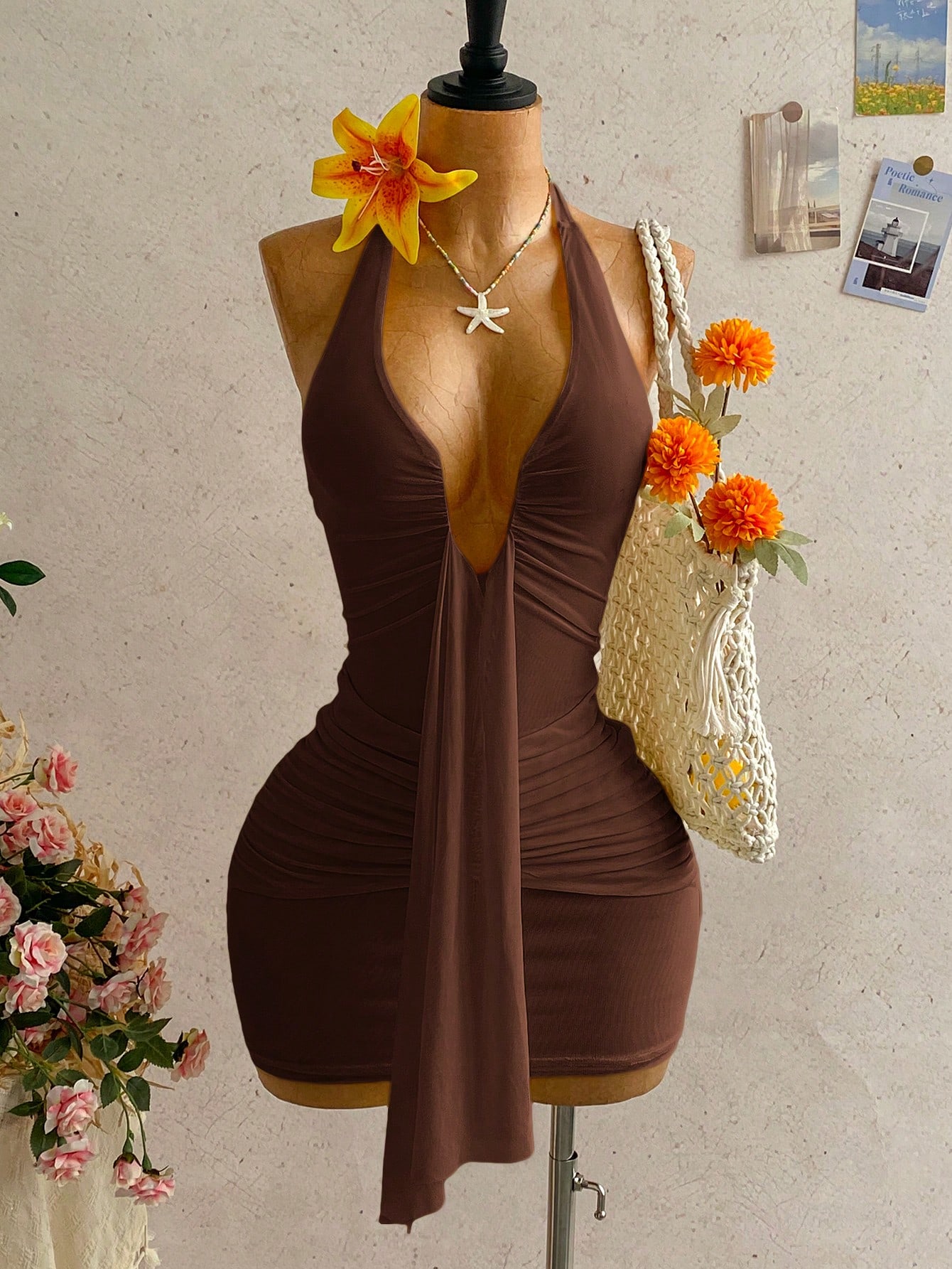Soleia Women’S Solid Color Halter Neck Ruched Backless Casual Vacation Summer