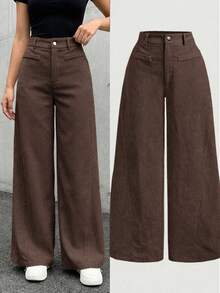 SHEIN Tween Girl/Tween Girls' Solid Color Retro Minimalist Corduroy Ribbed Pants, Brown Wide Leg Trousers, Autumn/Winter - Brown - View 1