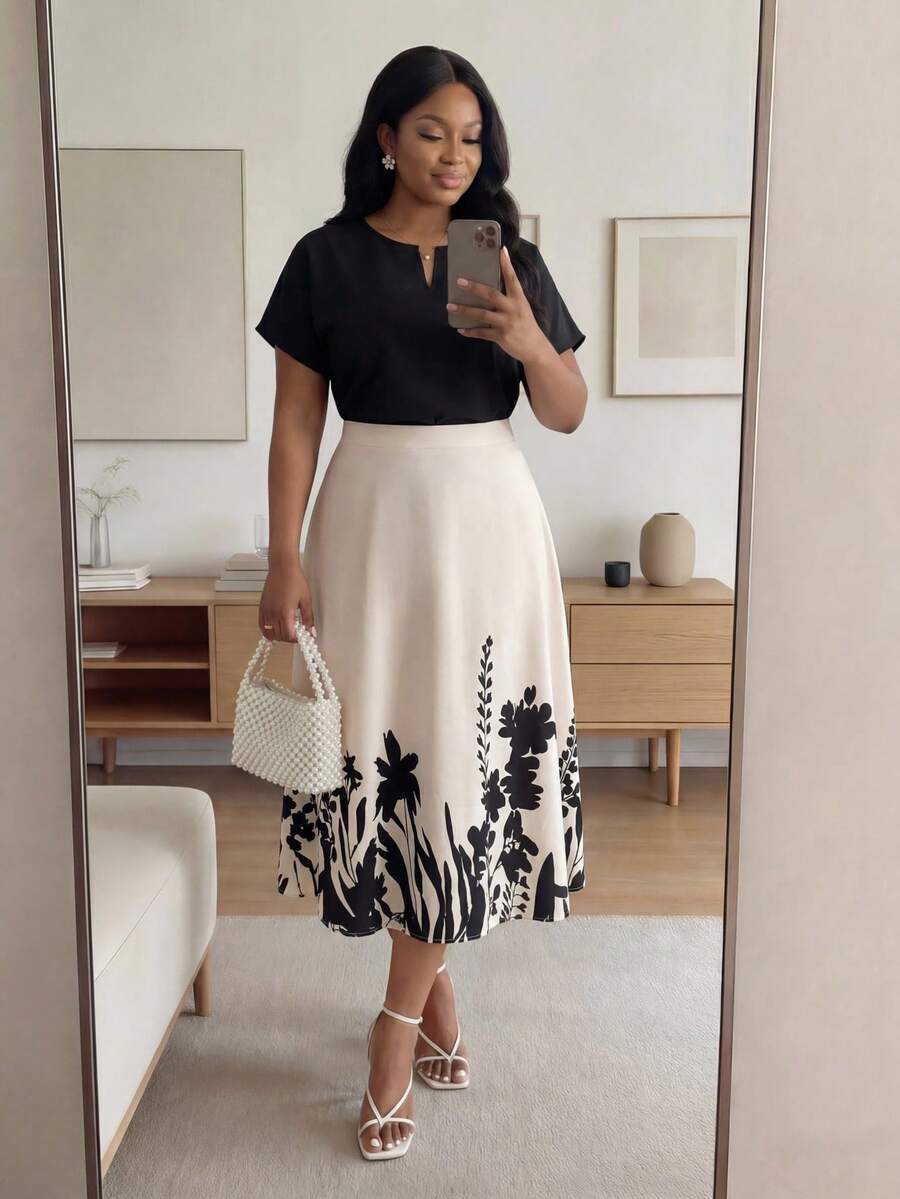SHEIN Lady CURVE Bộ đồ 2 mảnh thanh lịch dành cho nữ cỡ lớn: Áo sơ mi ngắn tay cổ chữ V trơn và chân váy midi in hoa. - Nhiều màu - Xem 1
