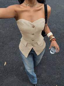 Siren Gaze Women's New Thick Tweed Bandeau Top, Autumn/Winter,Summer Top - Khaki - View 4