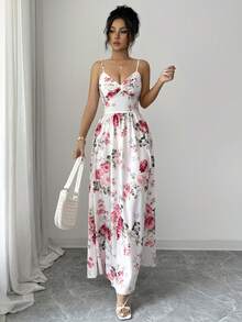 SHEIN Franclia Đầm dài hai dây thắt eo họa tiết hoa dành cho nữ, thích hợp cho kỳ nghỉ hè ở bãi biển. - Hồng - Xem 8