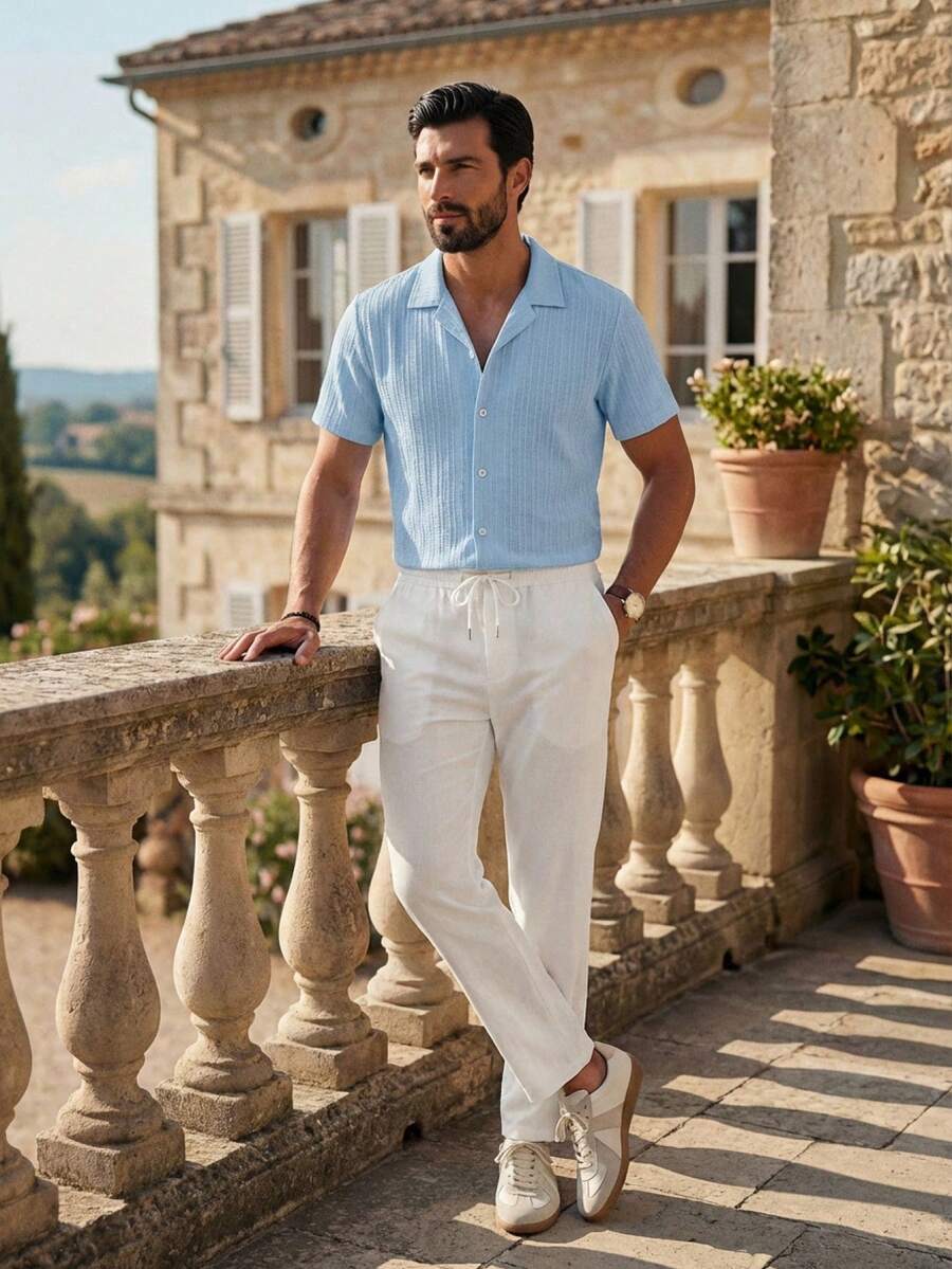 Manfinity VCAY Men's 2 Piece Set Light Blue And White,Summer Casual Vacation Holiday Linen Blend Short Sleeve Band Collar Shirt And Drawstring Pants Matching Outfit - Blue - View 1