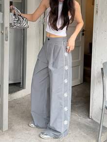 Women's Embroidered Wide Leg Loose Casual Pants - Blue - View 2